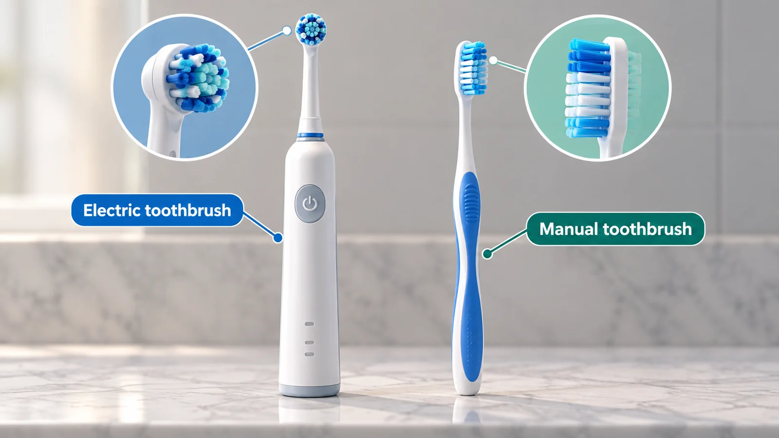 Electric and manual toothbrushes with enlarged views of their brush heads.