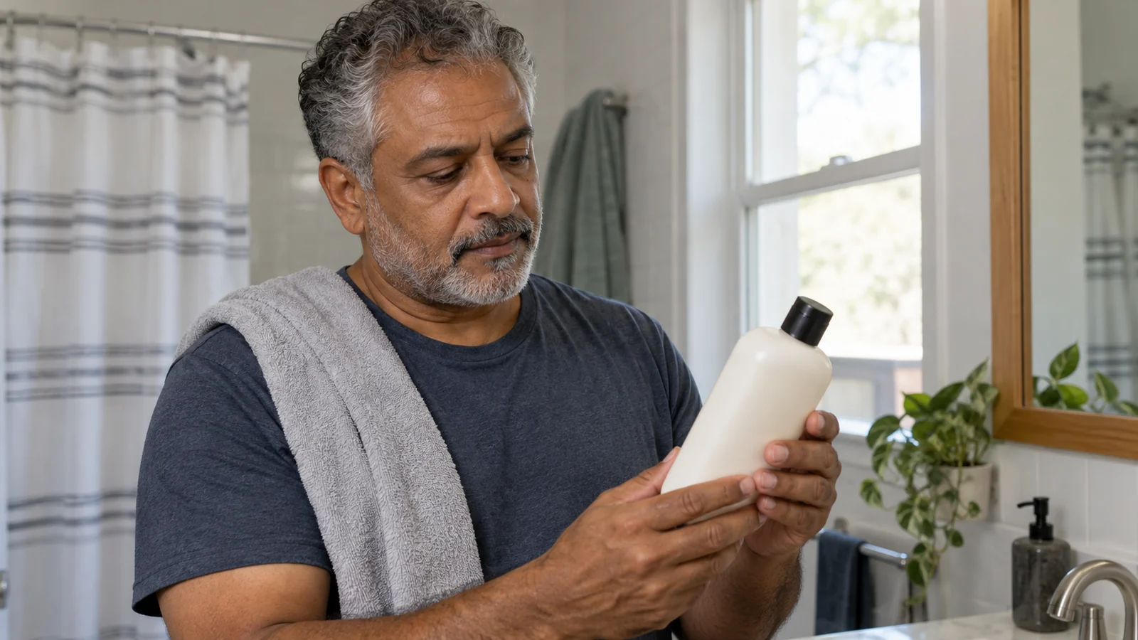 Man with salt-and-pepper hair reading a shampoo bottle in a bathroom.