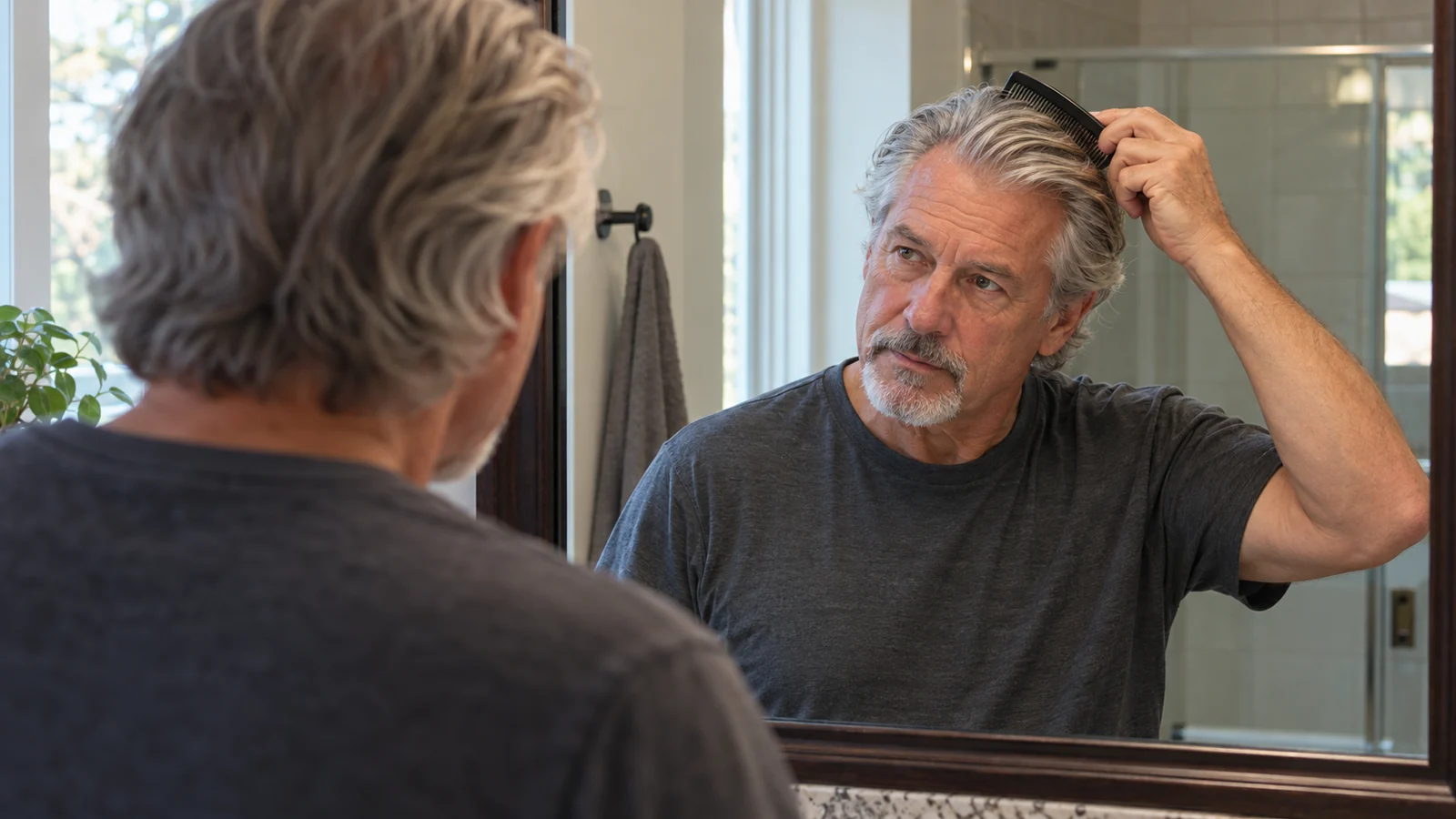 Man combing his grey hair while looking in a bathroom mirror.