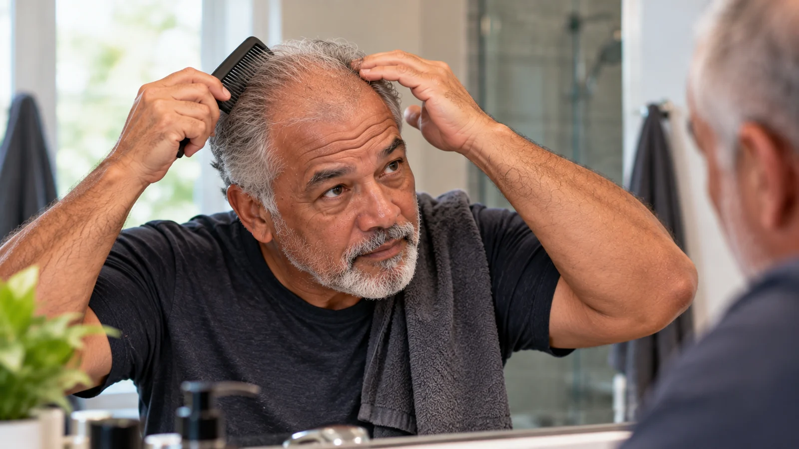 Man combing thinning grey hair and checking his hairline in a mirror.