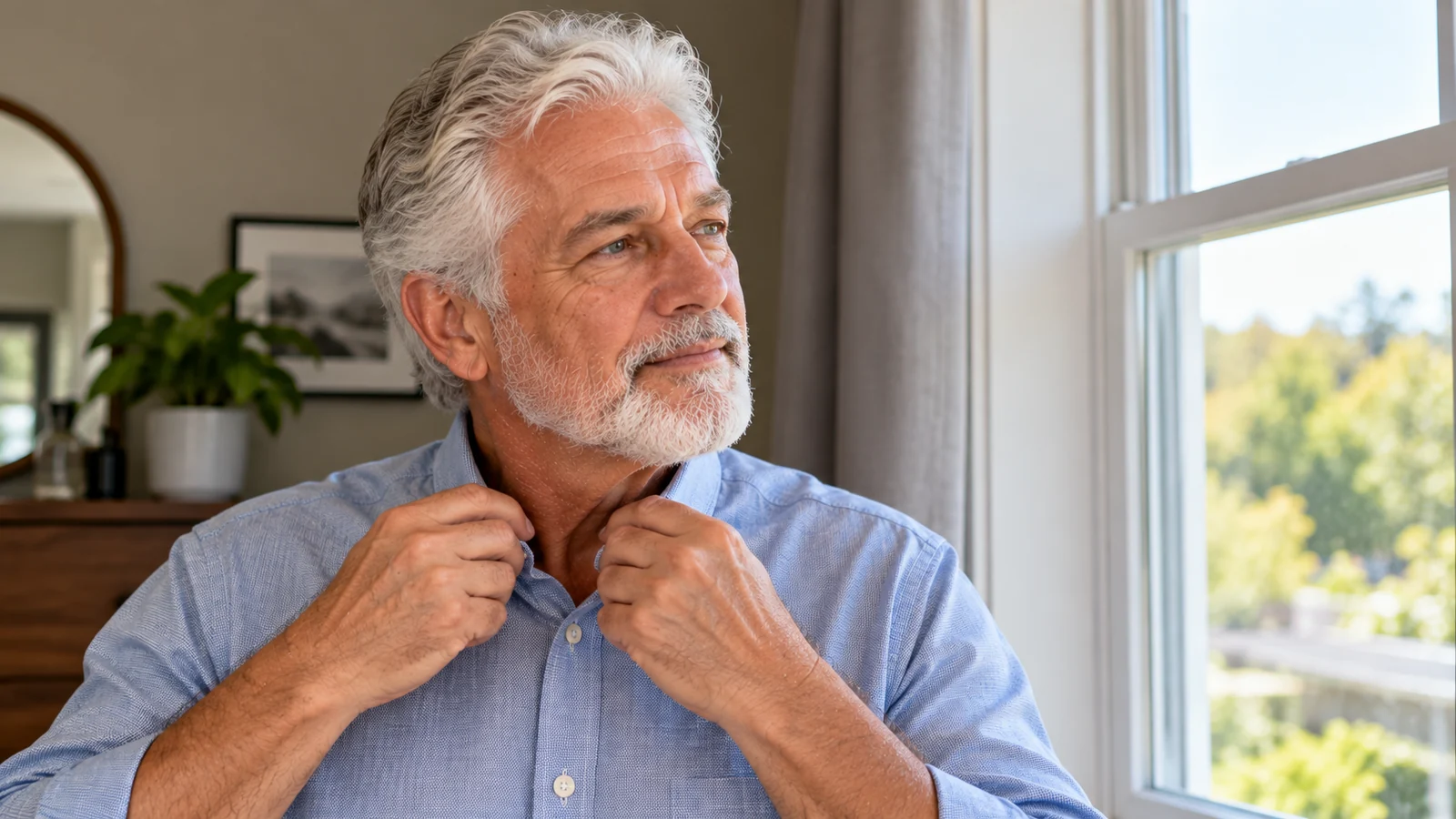 Man with silver hair adjusting his shirt collar beside a window.