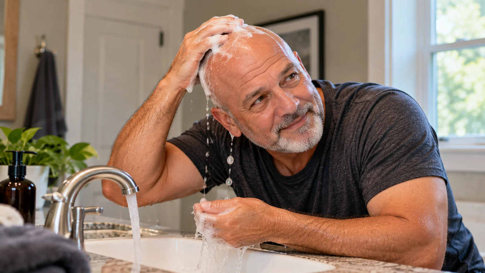 Bald man washing his scalp with lather at a bathroom sink.