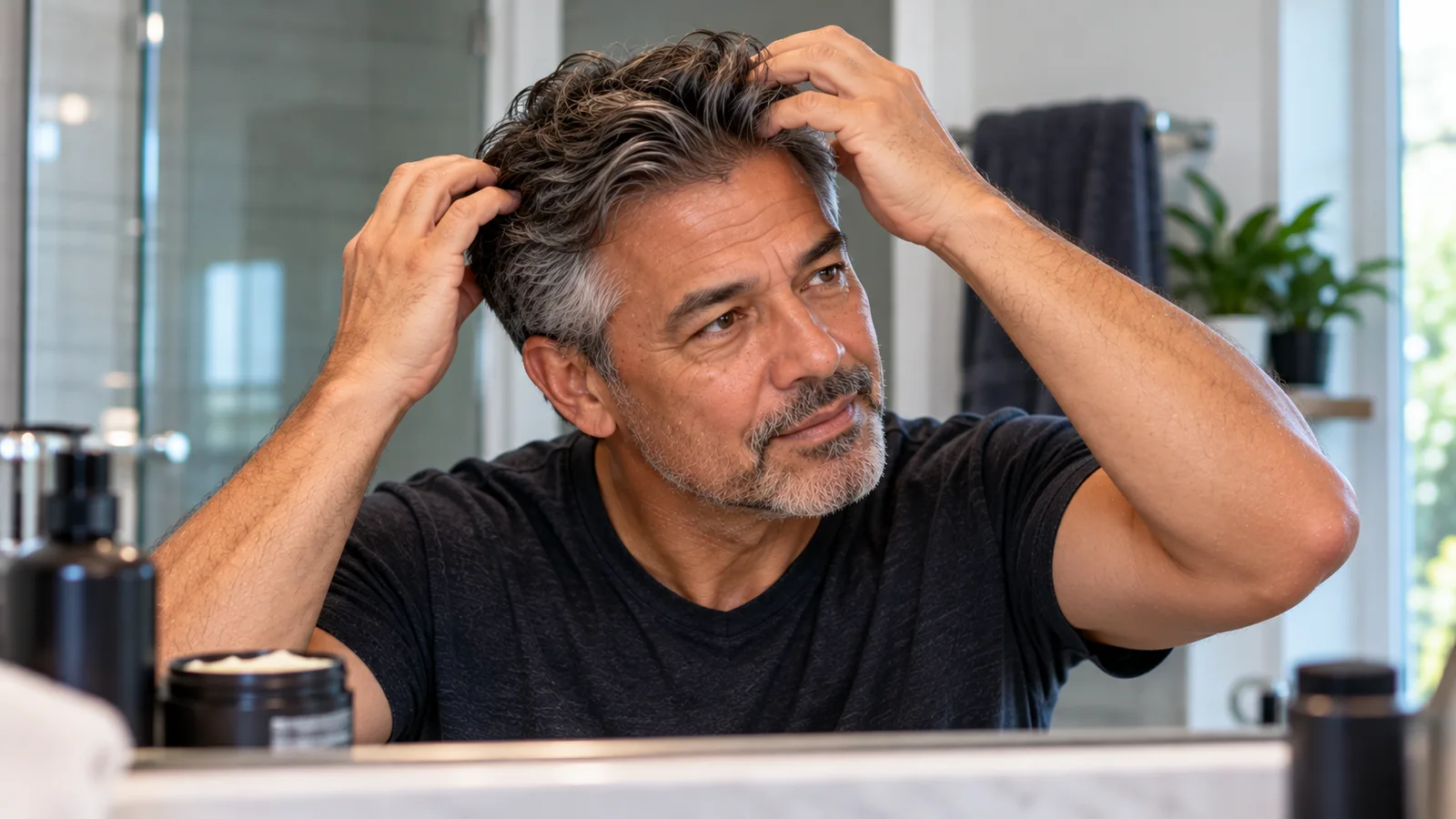 Man styling his salt-and-pepper hair with his fingertips in a bathroom mirror.
