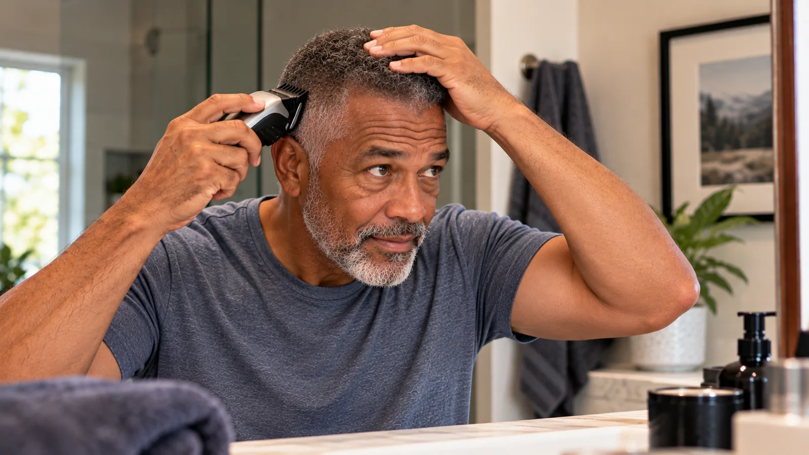 Man trimming the side of his short hair with electric clippers.