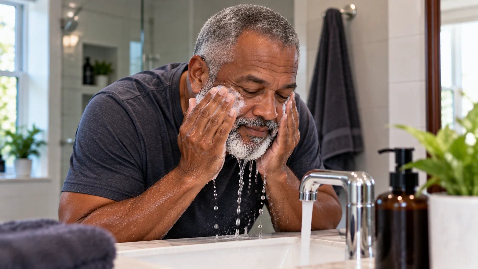 Man with a grey beard washing his face at a bathroom sink.