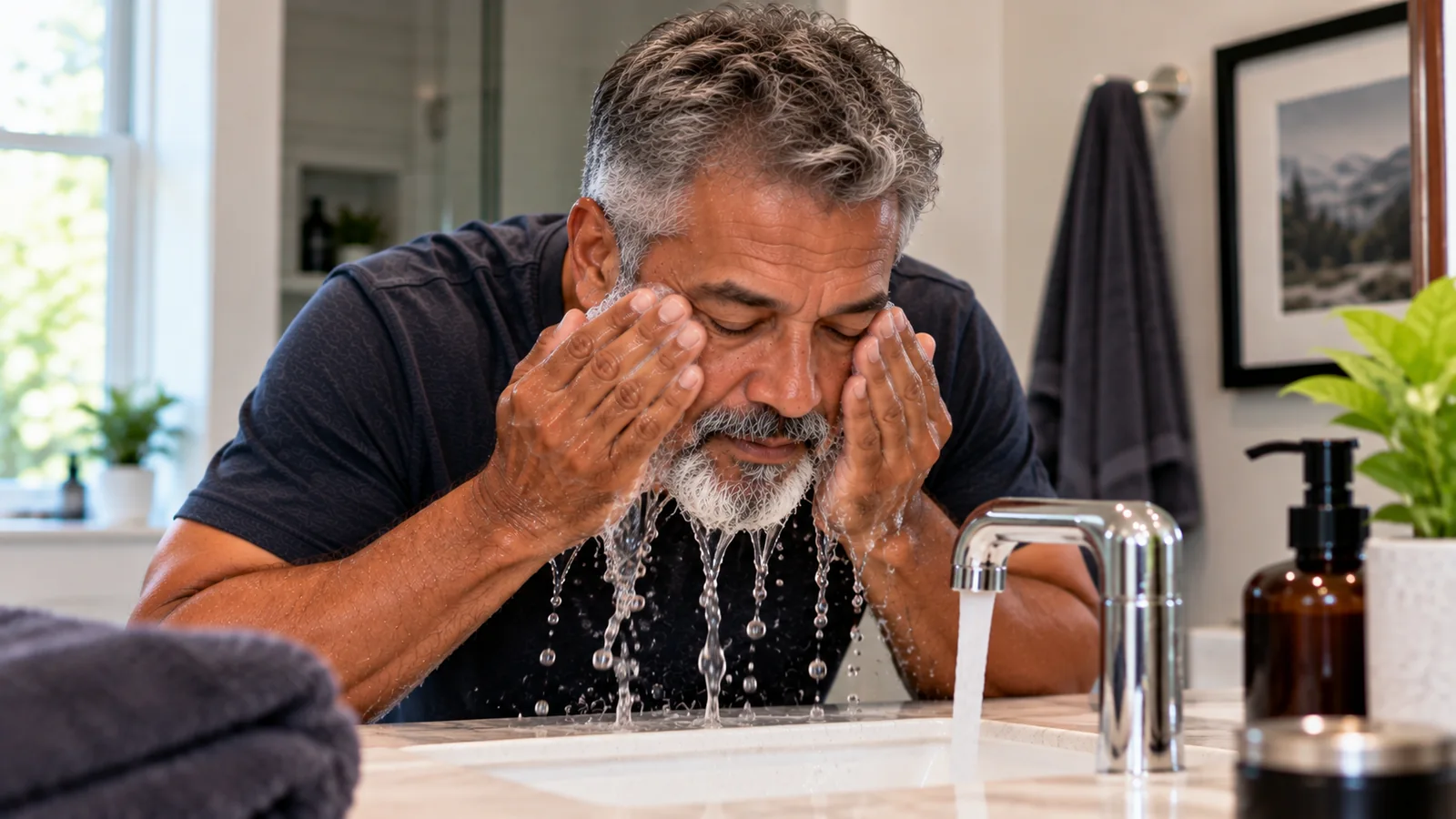Man rinsing his face with water at a bathroom sink.