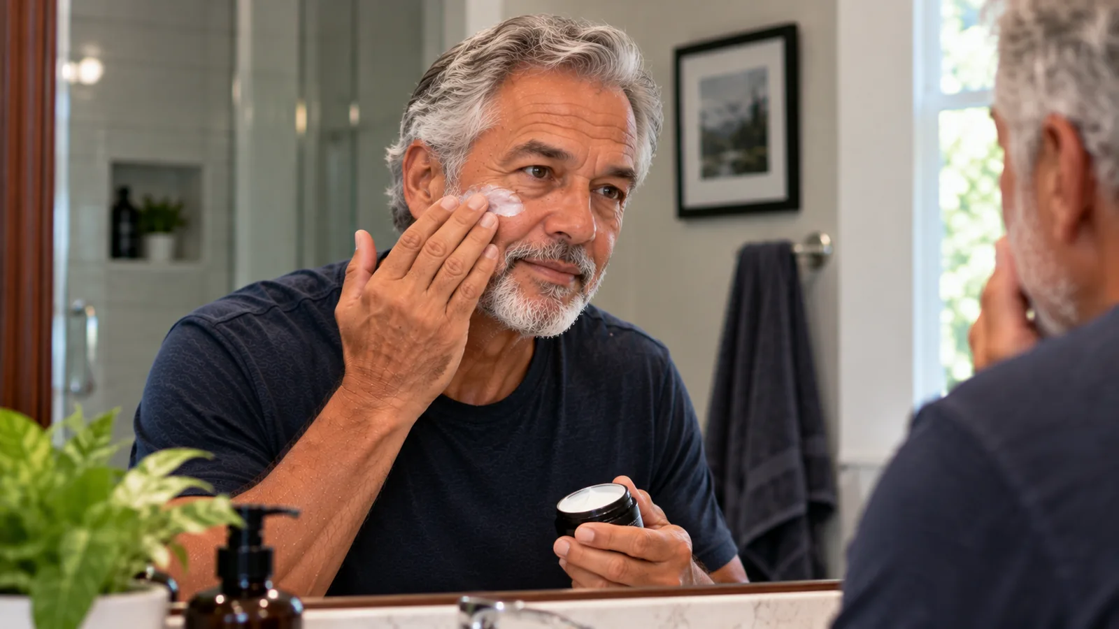Man applying face moisturizer while looking in a bathroom mirror.