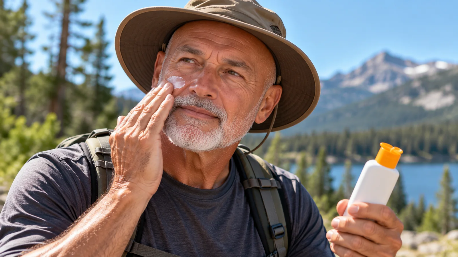 Man wearing a brimmed hat applying sunscreen to his cheek outdoors.