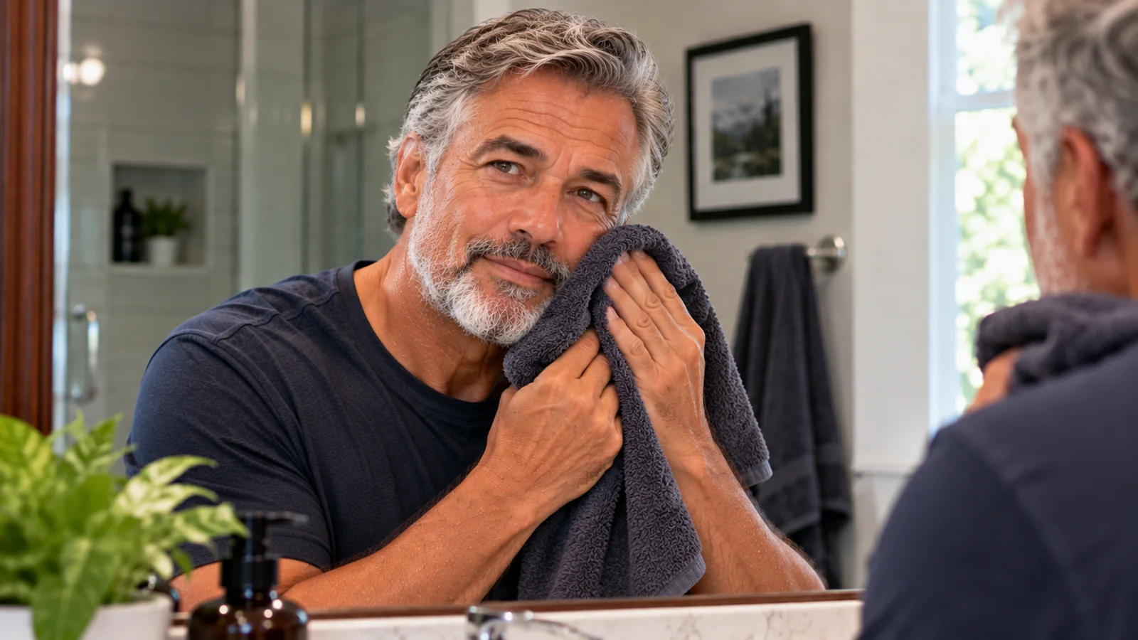 Man with a greying beard patting his cheek dry with a towel.