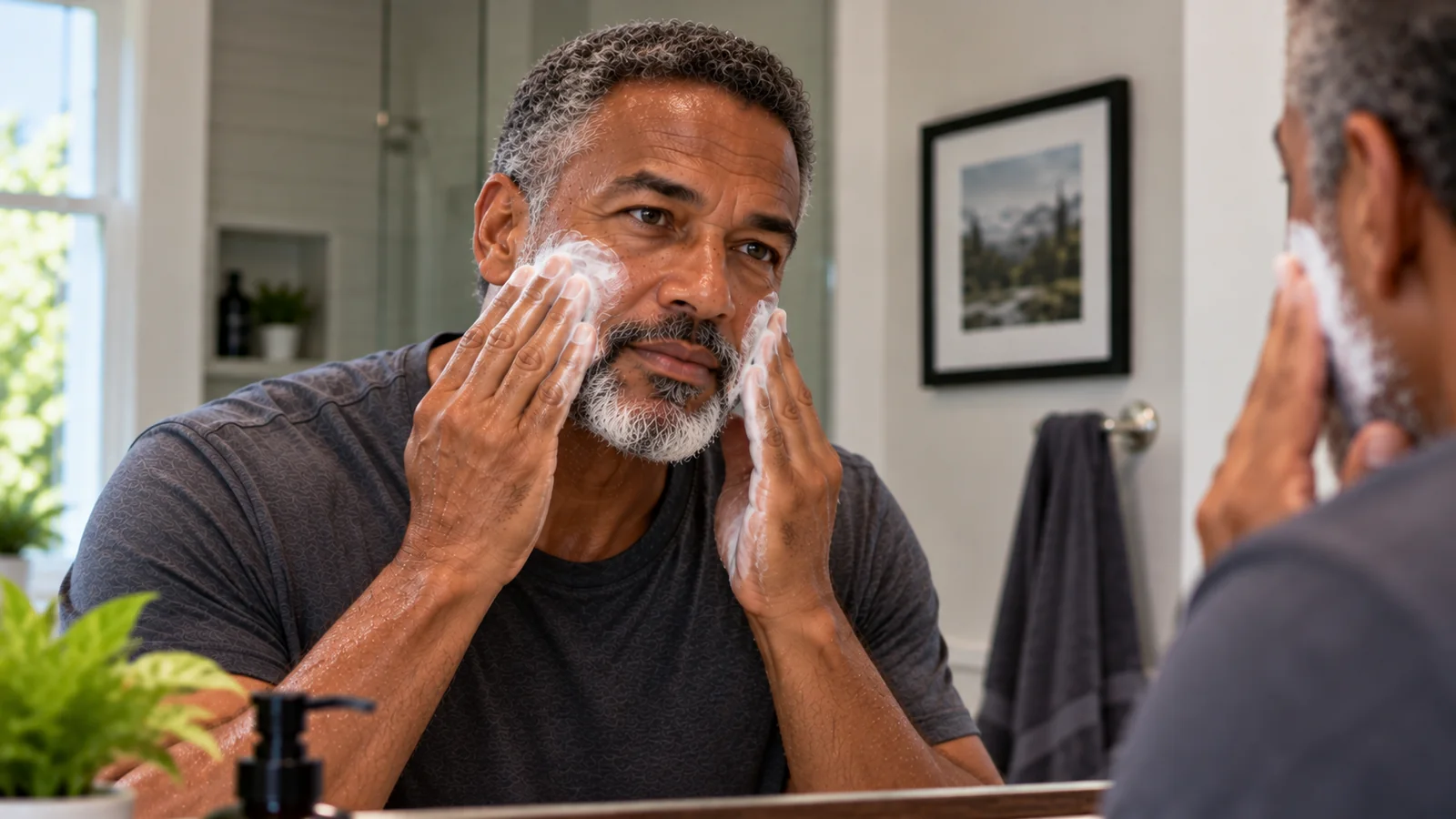Man washing his cheeks with cleanser in a bathroom mirror.