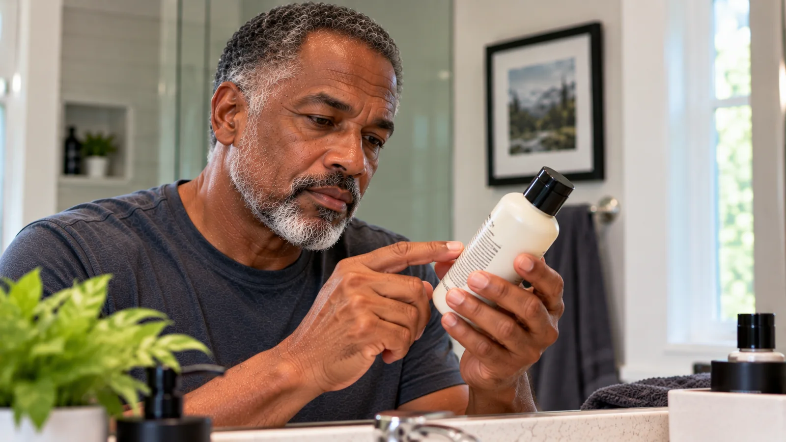 Man reading the label on a grooming bottle at a bathroom counter.