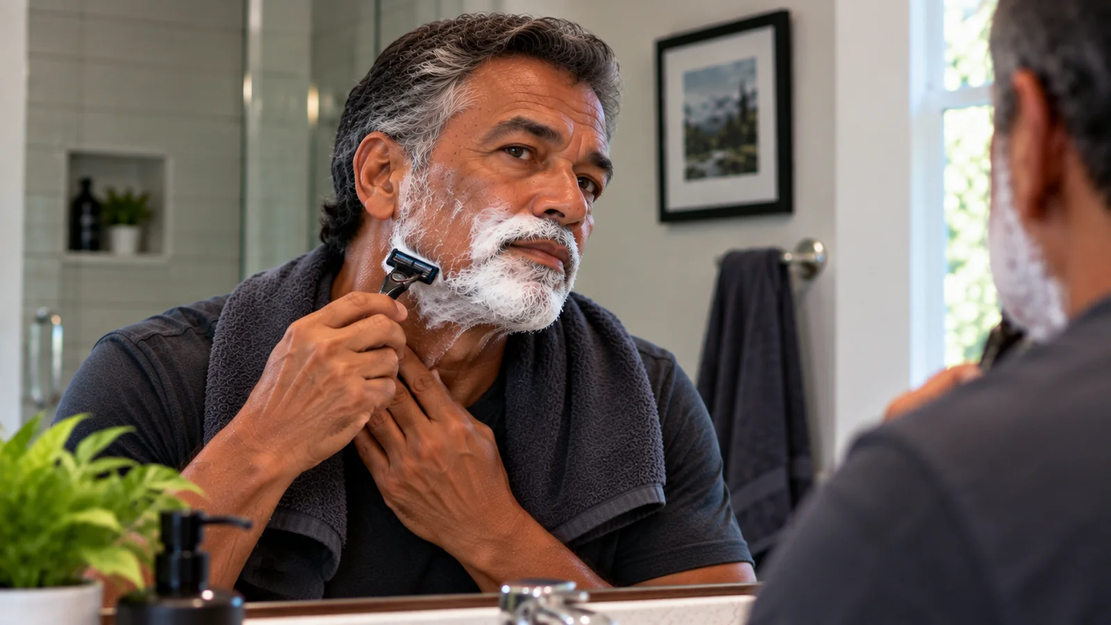 Man shaving his lathered cheek with a razor in a bathroom mirror.