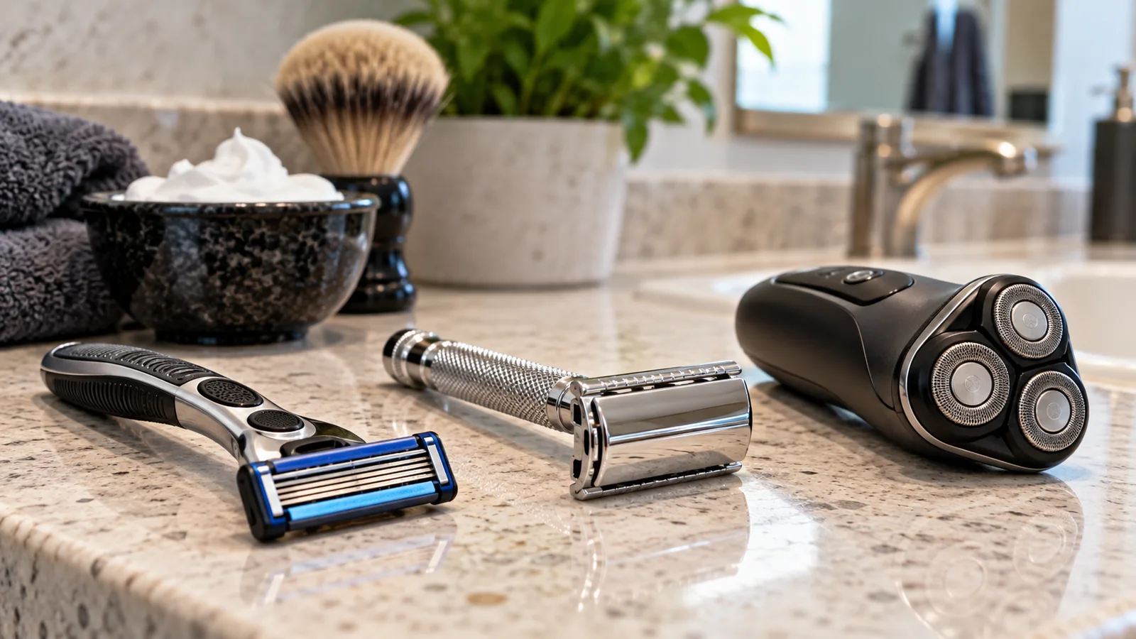 Cartridge razor, safety razor and rotary electric shaver on a bathroom counter.