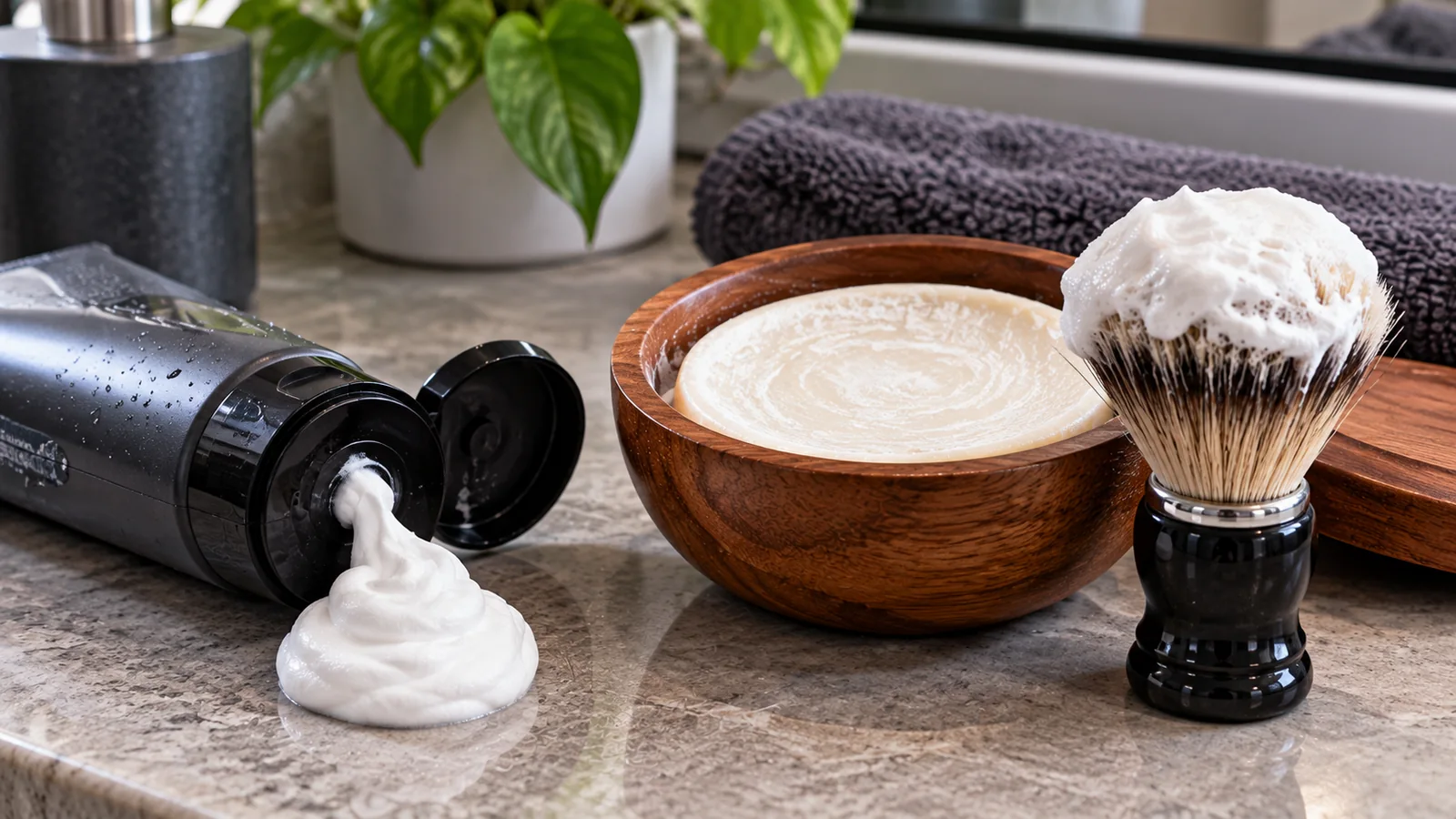 Shaving cream, a bowl of shaving soap and a lathered brush on a bathroom counter.