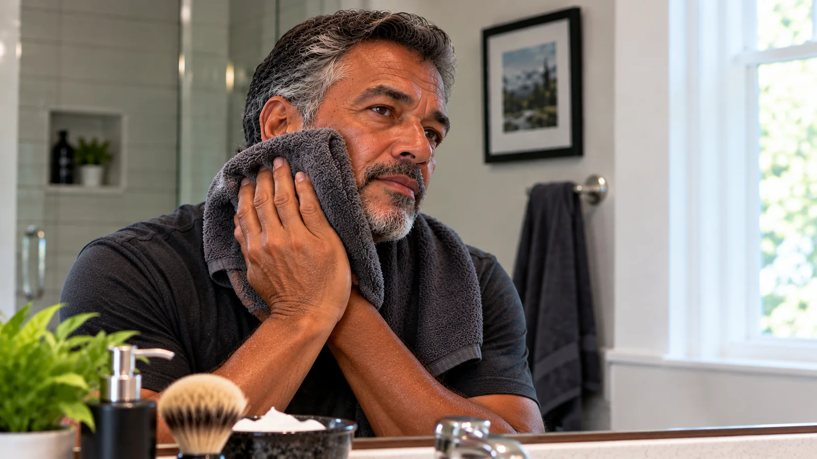 Man holding a washcloth against his cheek before shaving.
