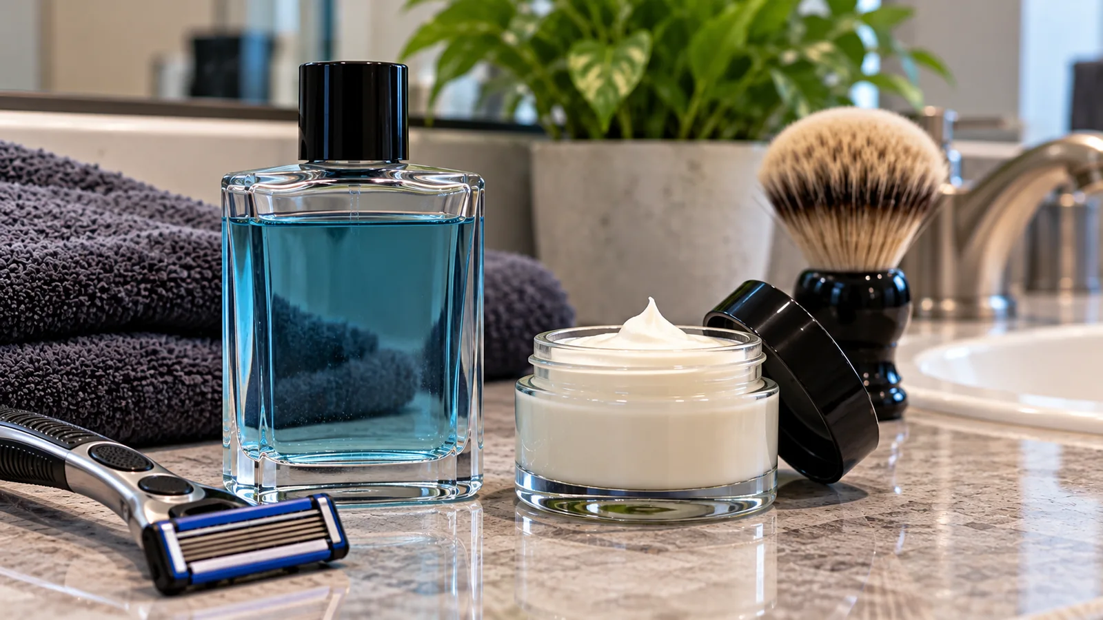 Aftershave bottle, open balm jar, shaving brush and razor on a bathroom counter.