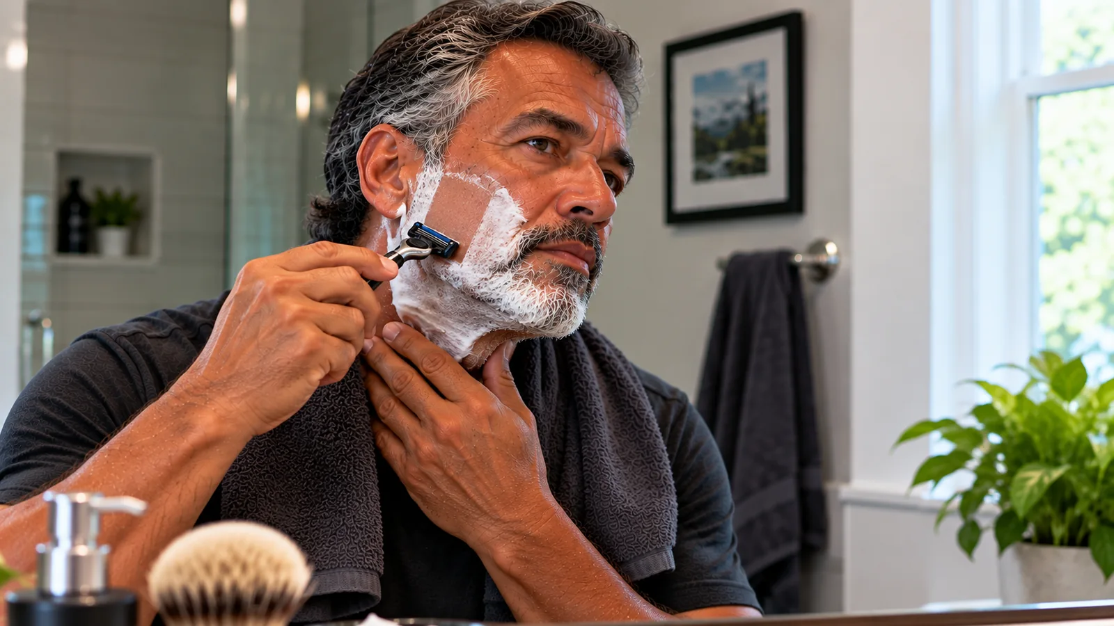 Man shaving his cheek with a razor while holding the skin below his jaw.