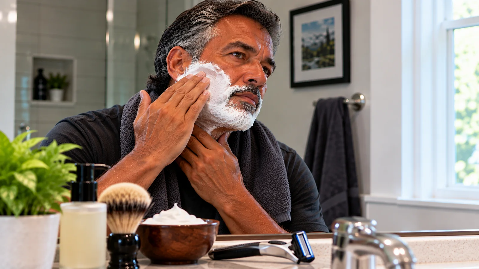 Man spreading shaving lather on his cheek beside a shaving brush and razor.