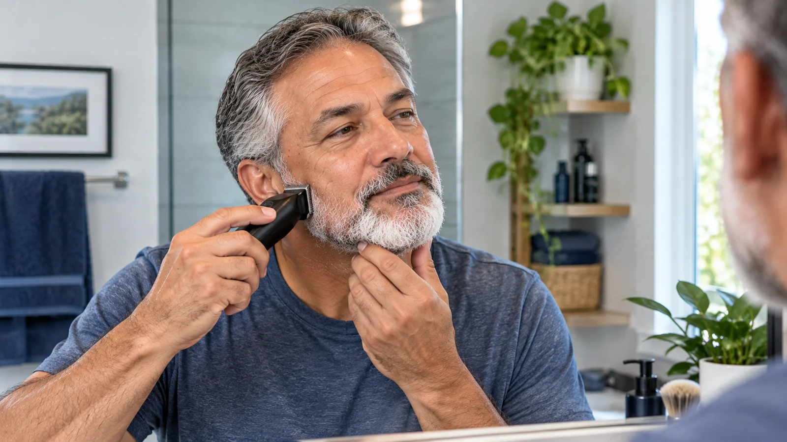 Man using an electric trimmer along his beard near his jaw.