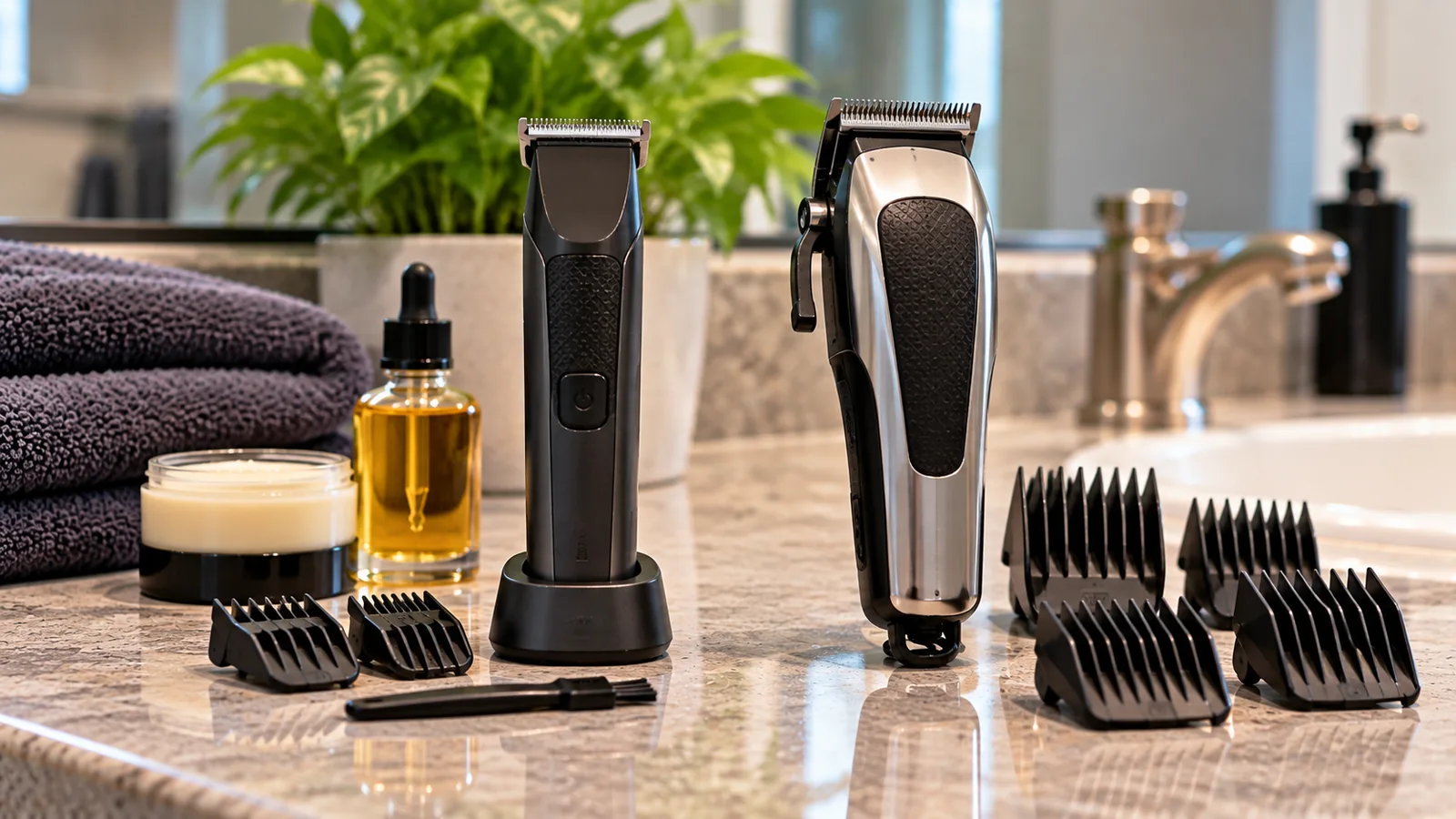 Electric trimmer and hair clipper with assorted comb guards on a counter.