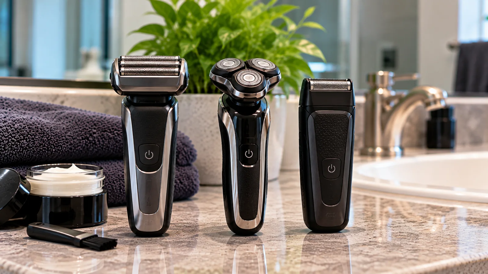 Foil and rotary electric shavers with a trimmer on a bathroom counter.