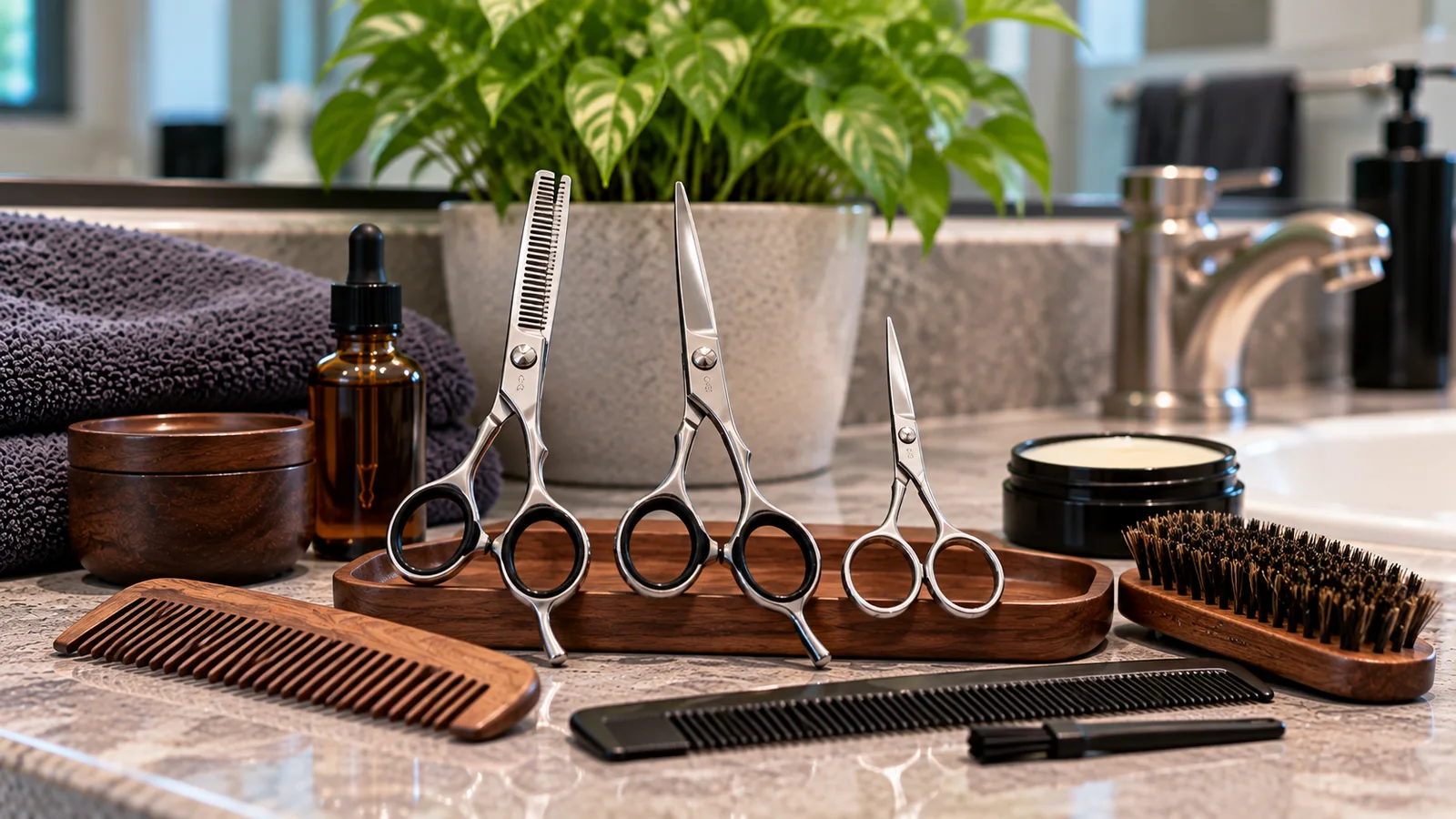 Grooming scissors, a comb and a bristle brush arranged on a bathroom counter.