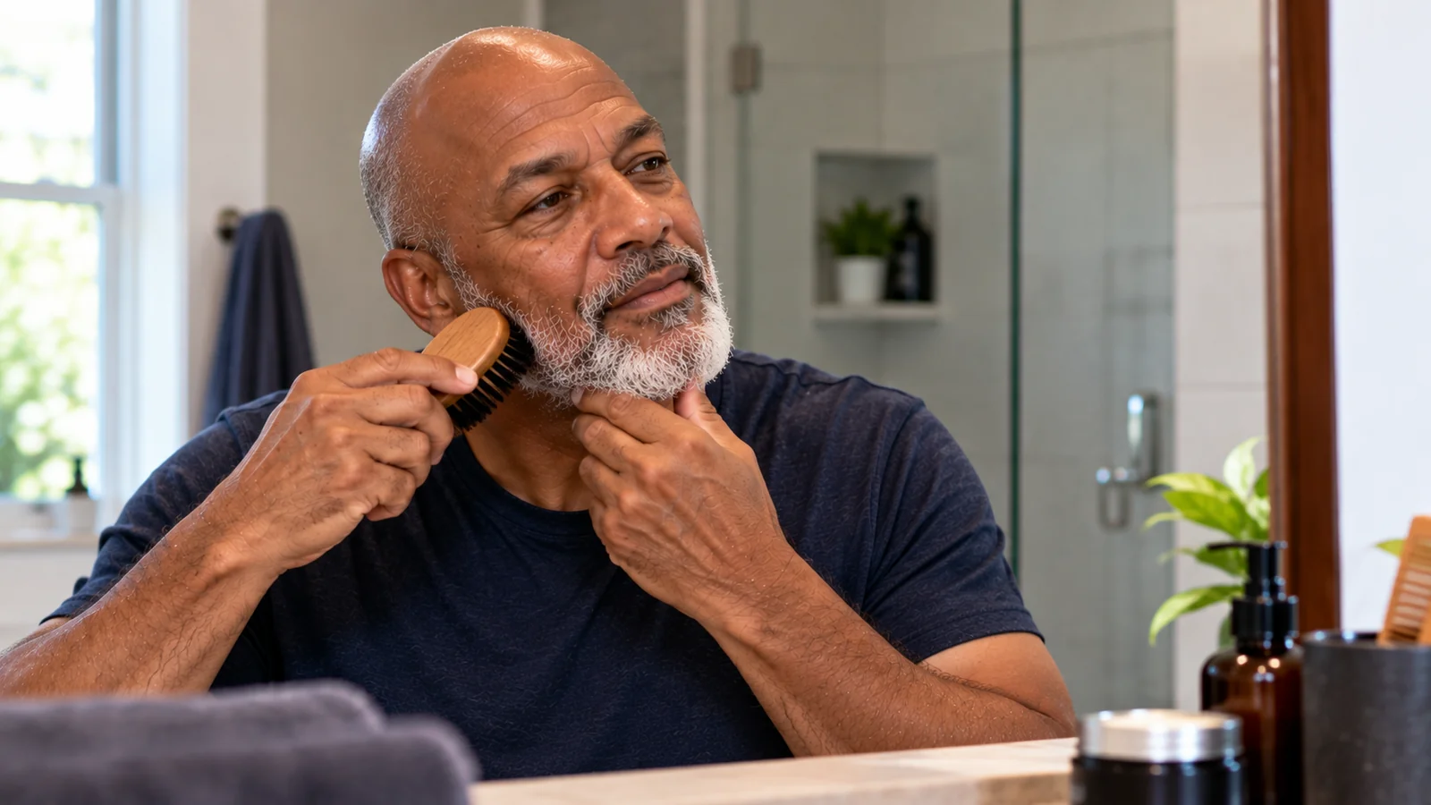 Man brushing his grey beard while holding it beneath his chin.