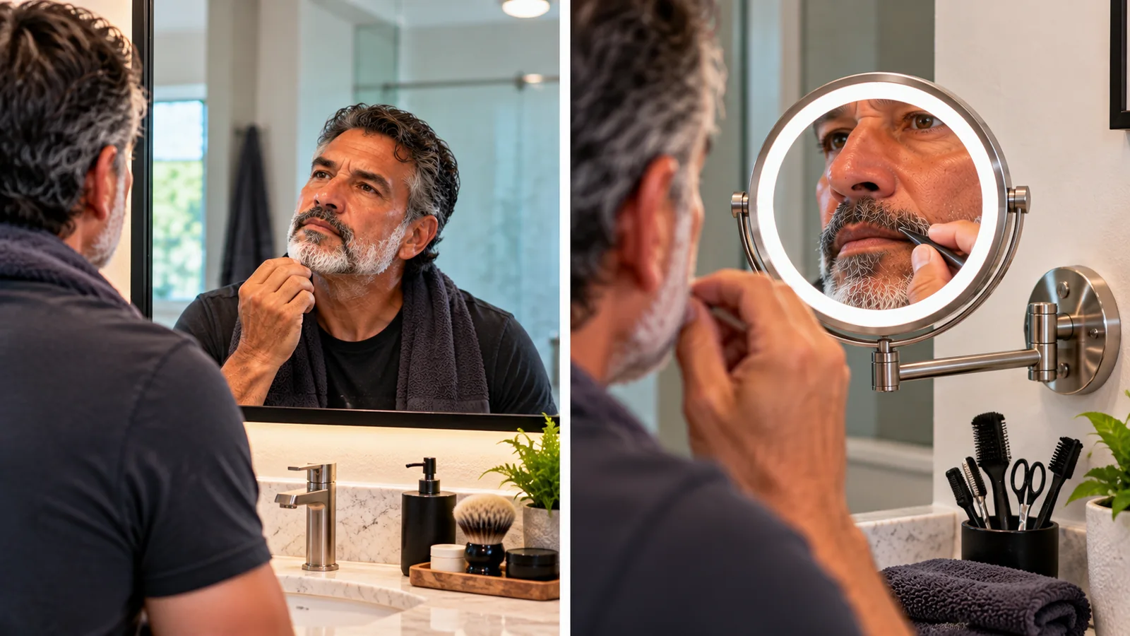 Man inspecting his beard using a wall mirror and a round magnifying mirror.