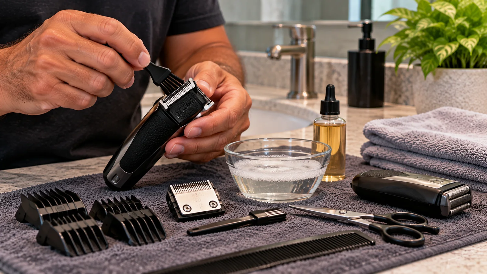 Hands cleaning an electric grooming tool with a small brush beside its attachments.