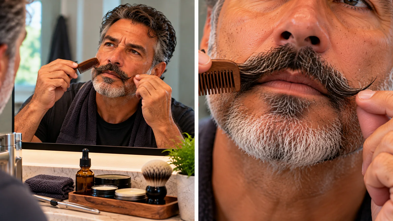 Man grooming his mustache, with a close-up of a comb and shaped mustache.