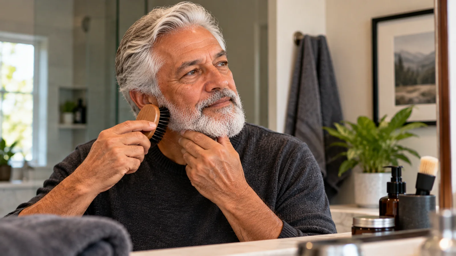 Man brushing his silver-white beard in a bathroom mirror.