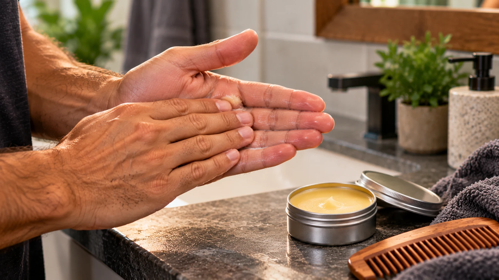 Hands working beard balm through facial hair.