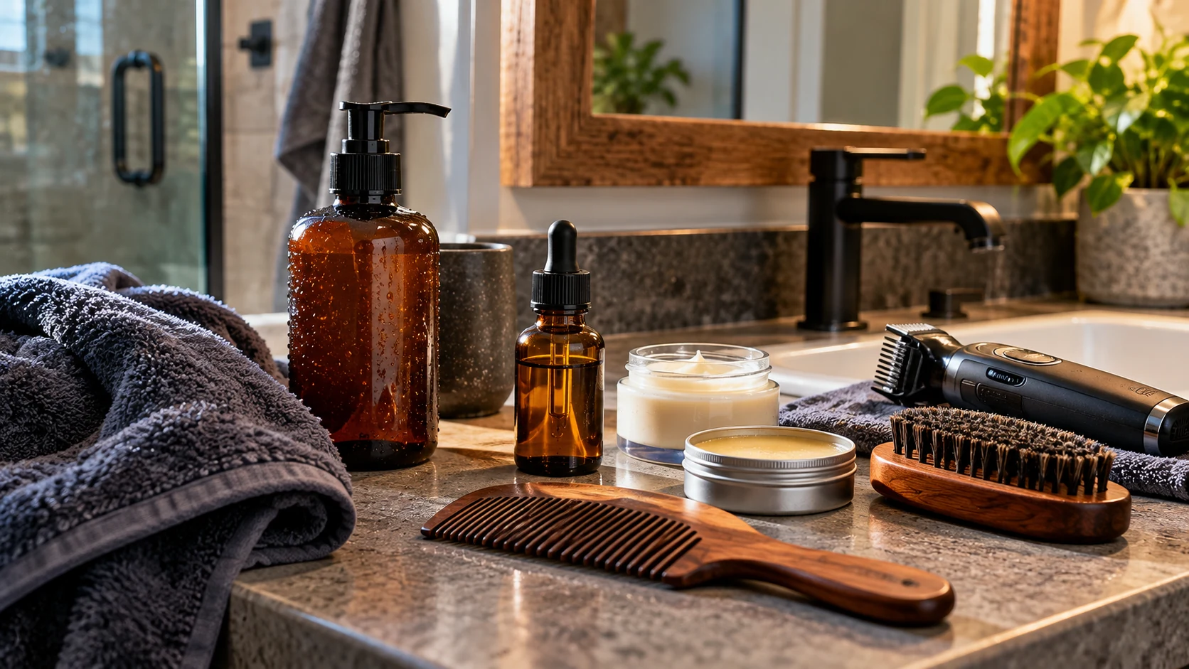 Beard-care products, a brush, and a comb arranged for a grooming routine.