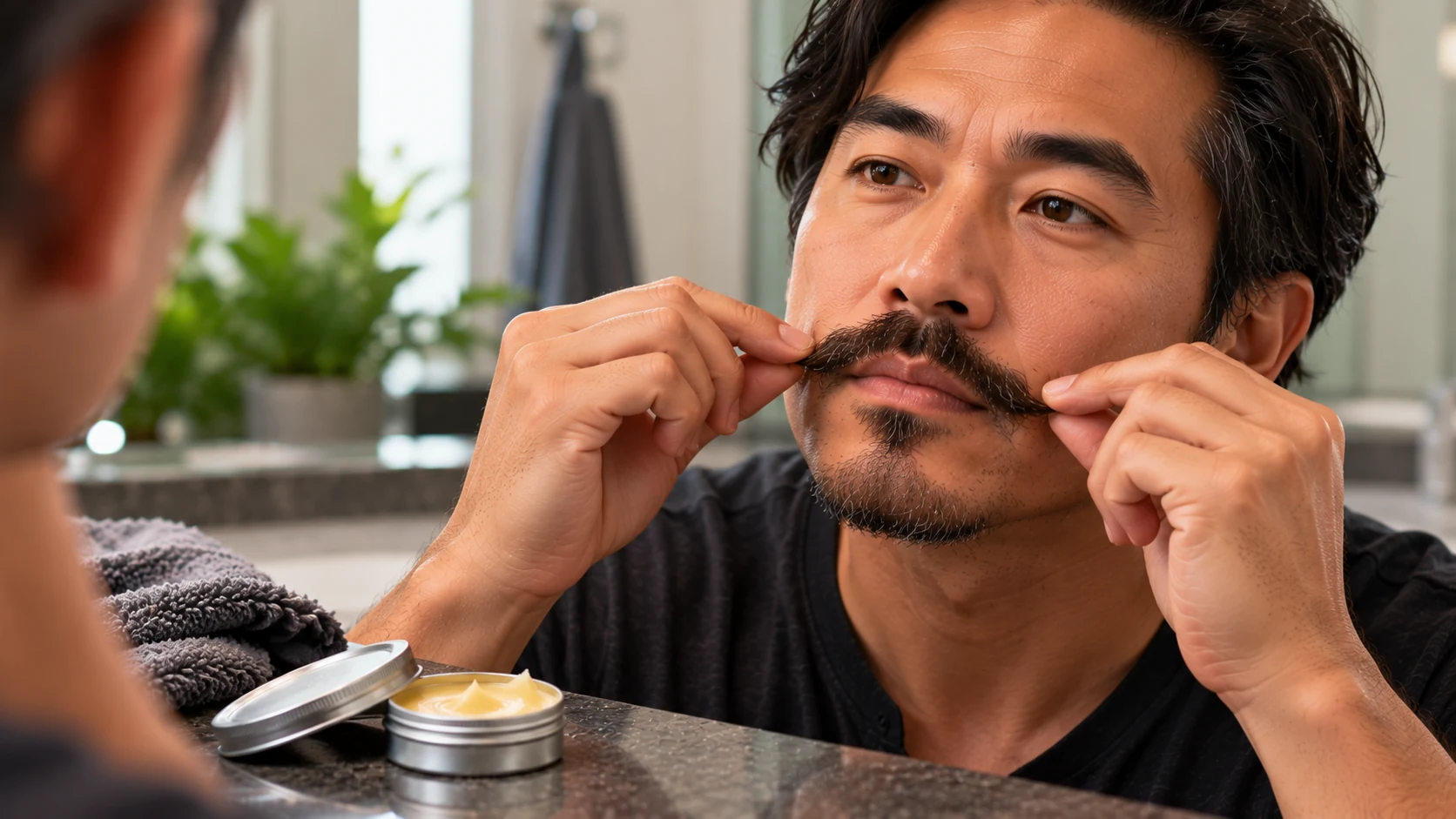 A man shaping his mustache with wax.