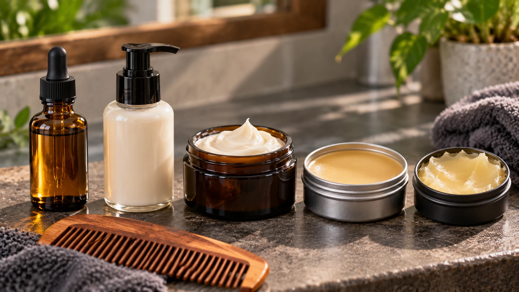Beard oil, balm, butter, cream, and wax shown together.