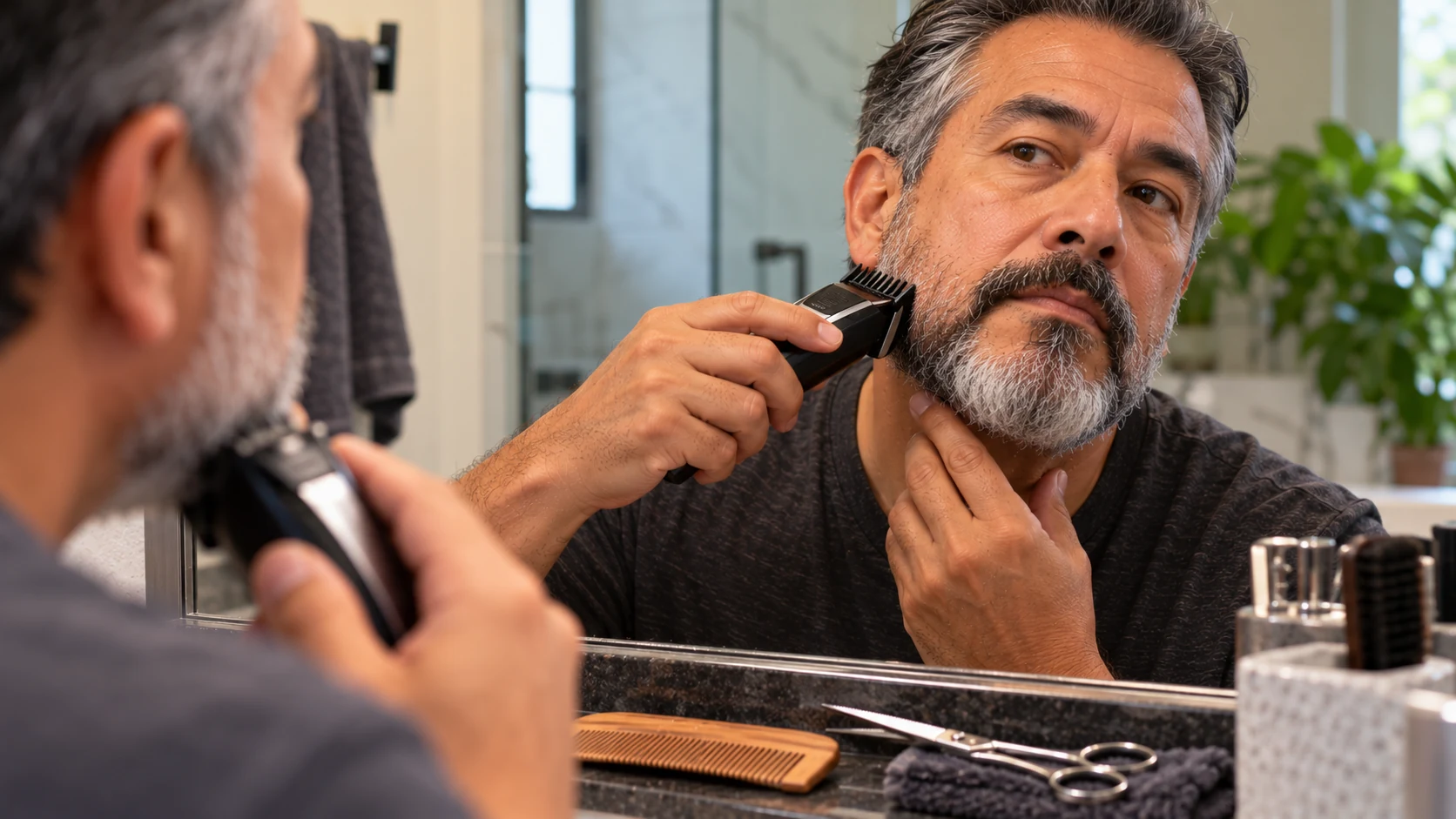 A grey-bearded man trimming his beard.