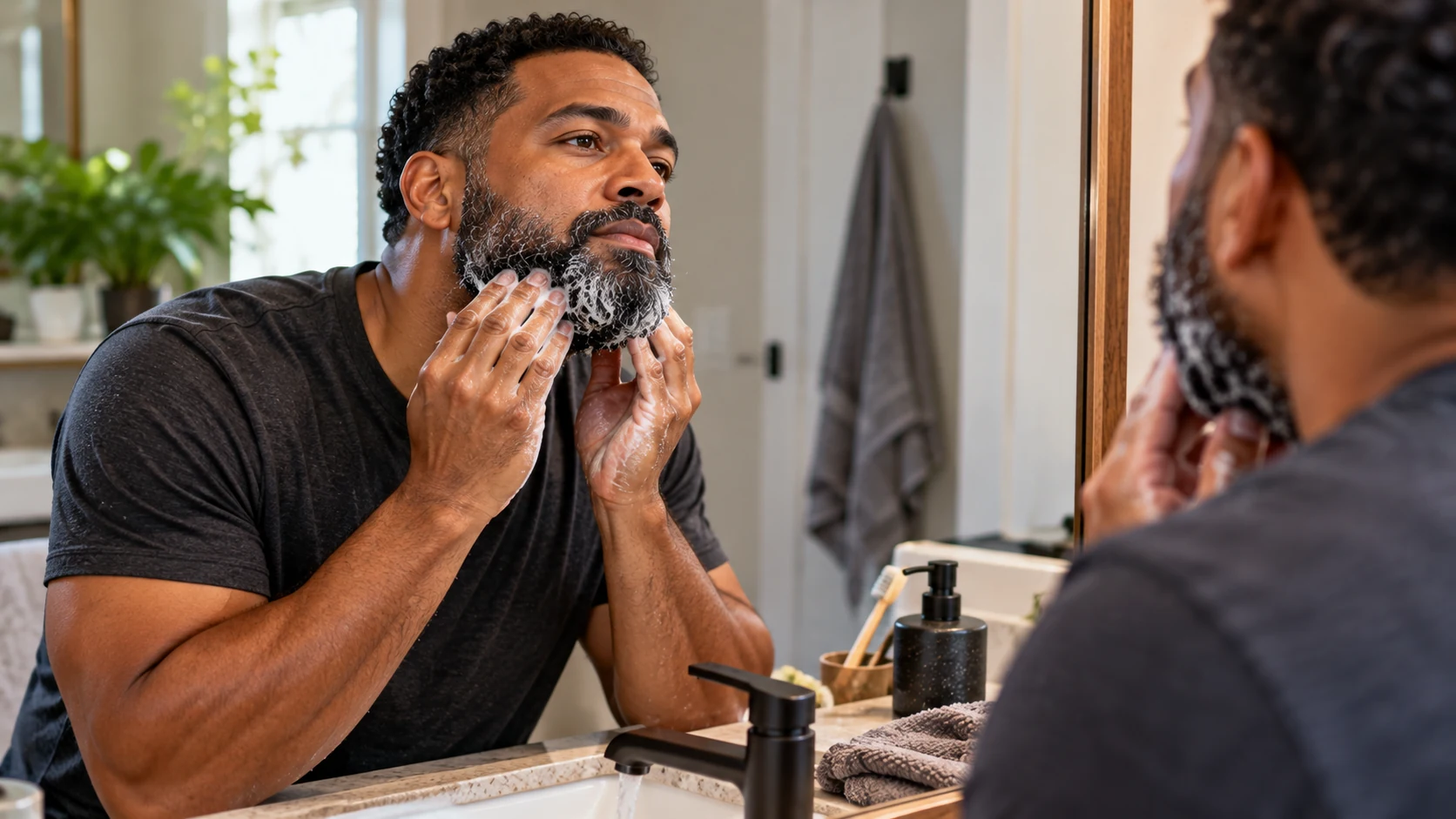 A grey-bearded man washing his beard.