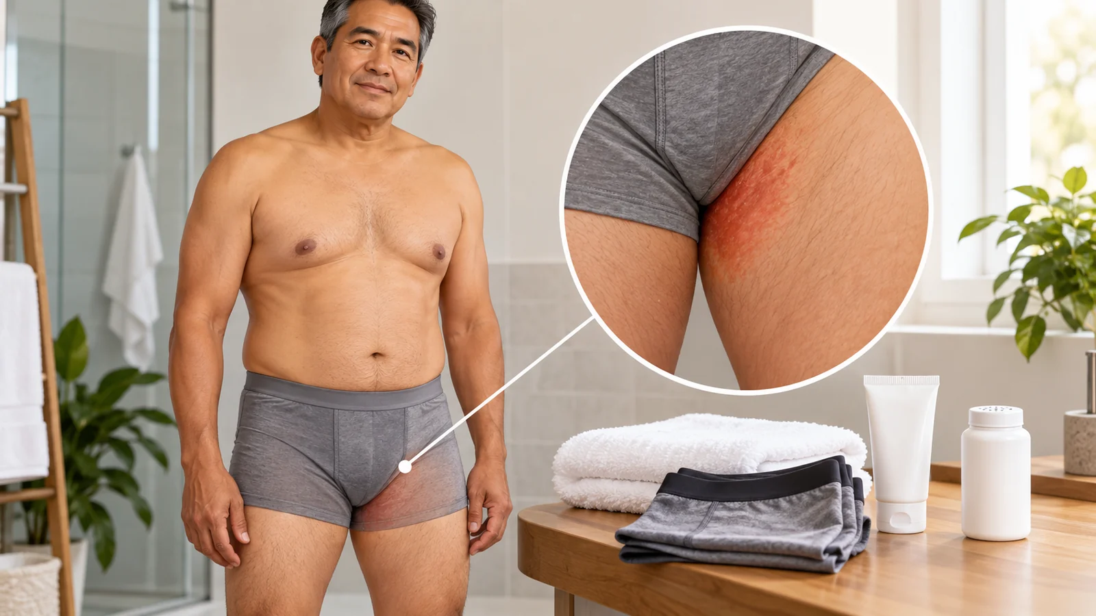 Man in grey underwear with an inset showing redness near the upper inner thigh.