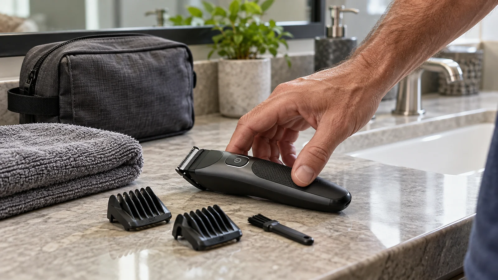 Hand reaching for a body trimmer beside comb guards, towels and a toiletry bag.
