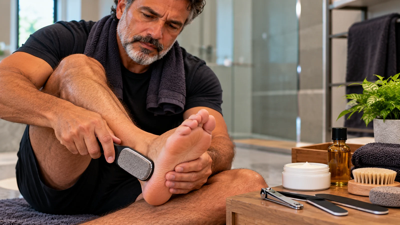 Man using a foot file on his heel beside foot-care tools.