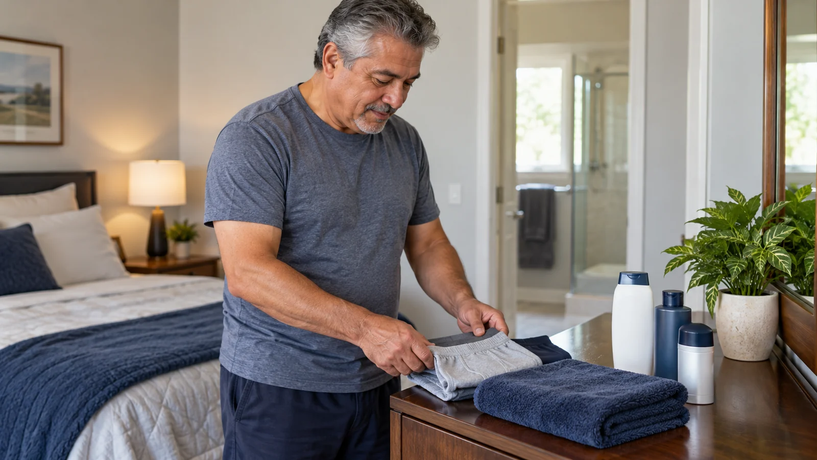 Man folding clean underwear beside towels and hygiene products.