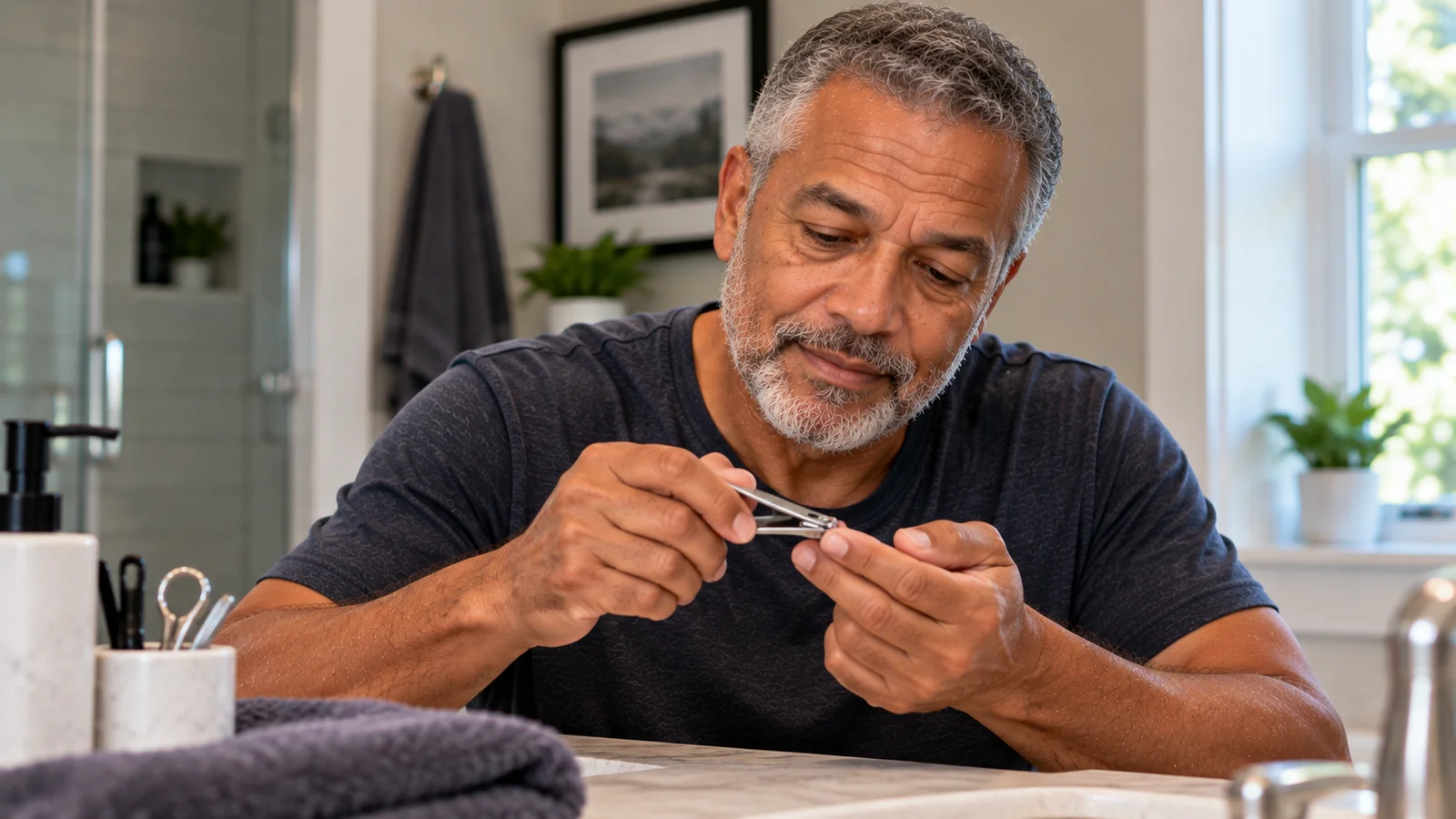 Man tending his fingernails with a small grooming tool at a bathroom counter.
