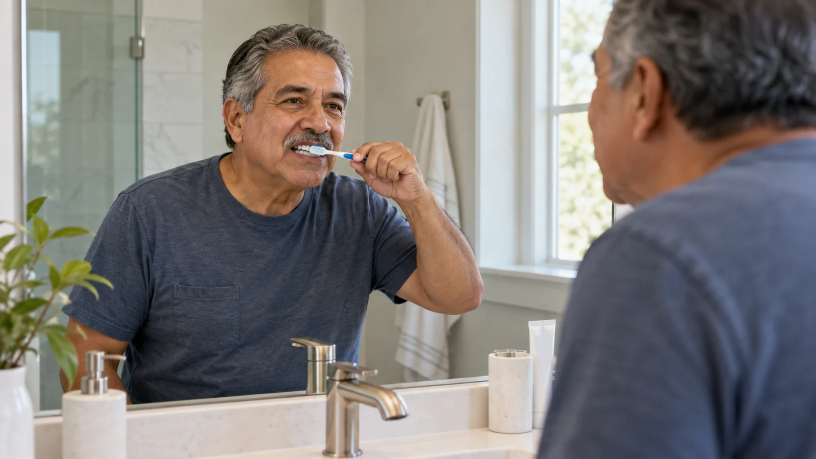 Man brushing his teeth while looking in a bathroom mirror.