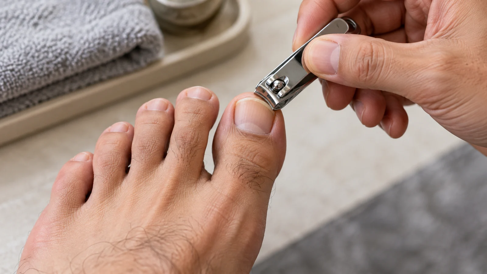 Close-up of hands trimming a toenail with nail clippers.